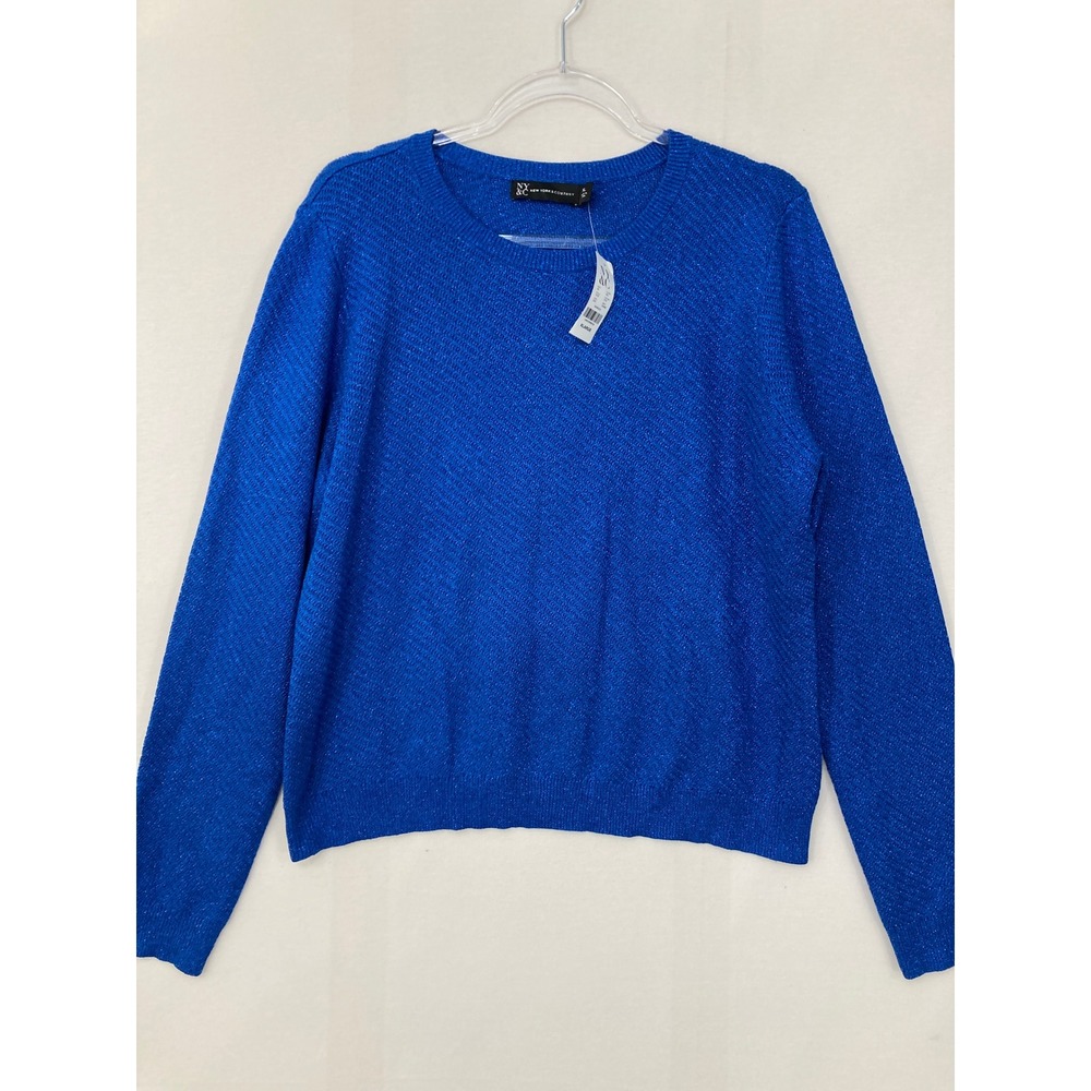 New NY & Company Metallic Shimmer Sweater XL Blue‎ Crewneck Long Sleeve Knit